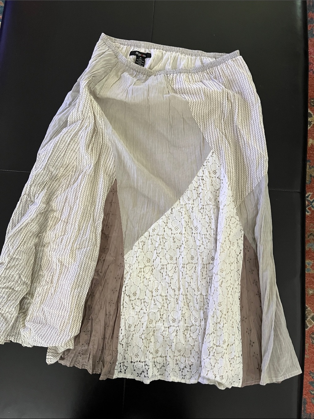 Style & Co. Patchwork A-Line Midi Skirt in White & Taupe